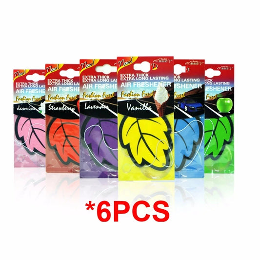 6 ambientadores para coche, papel perfumado con aroma natural a Lavanda, Fresa, Vainilla, Manzana, Jazmín y Coche Nuevo con forma de hoja para colgar en el coche, accesorios para el interior del coche, barco o casa.